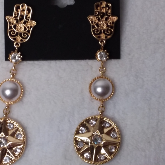 Dangle Pierce Earrings Gold Tone Hamsa Noir - Picture 4 of 6